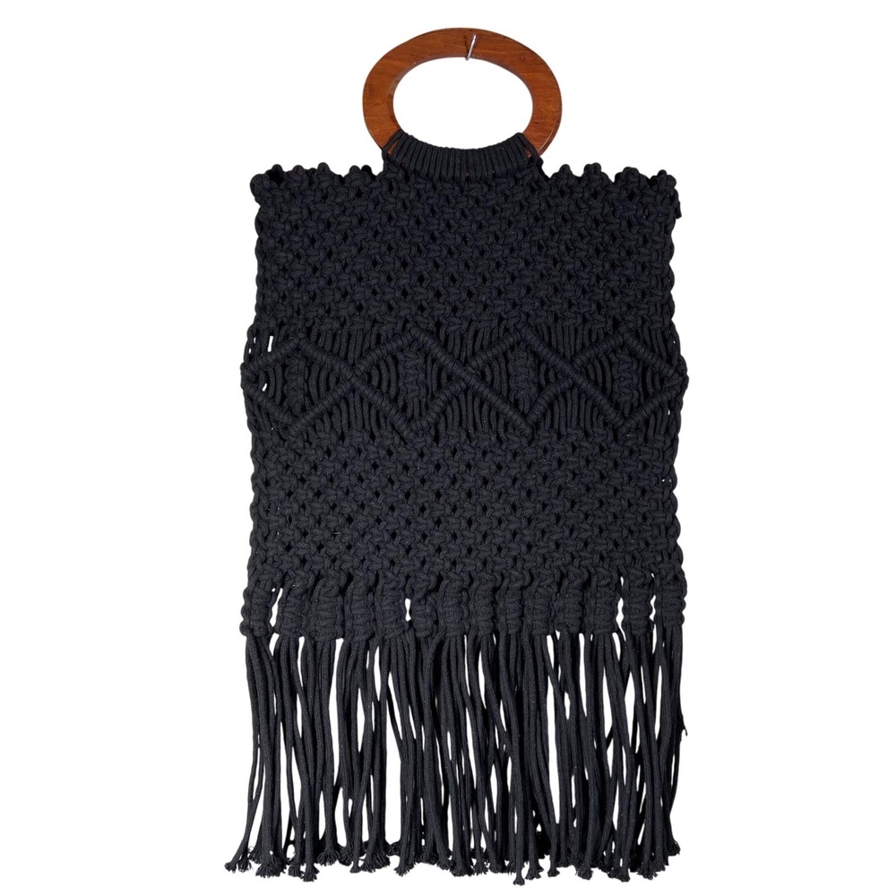 Danielle Nicole Macrame Handbag Women Cotton Black Boho Wood Ring Handle Cross